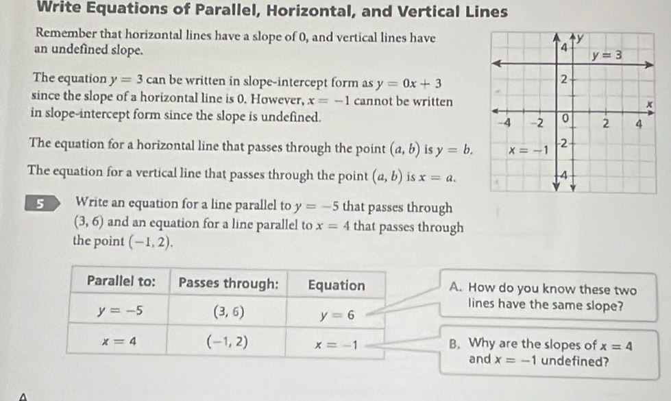 Write Equations of Parallel, Horizontal, and Vertical Lines
Remember that horizontal lines have a slope of 0, and vertical lines have
an undefined slope.
The equation y=3can be written in slope-intercept form as y=0x+3
since the slope of a horizontal line is 0. However, x=-1 cannot be written
in slope-intercept form since the slope is undefined. 
The equation for a horizontal line that passes through the point (a,b) is y=b.
The equation for a vertical line that passes through the point (a,b) is x=a.
5 Write an equation for a line parallel to y=-5 that passes through
(3,6) and an equation for a line parallel to x=4 that passes through
the point (-1,2).
A. How do you know these two
lines have the same slope?
B. Why are the slopes of x=4
and x=-1 undefined?