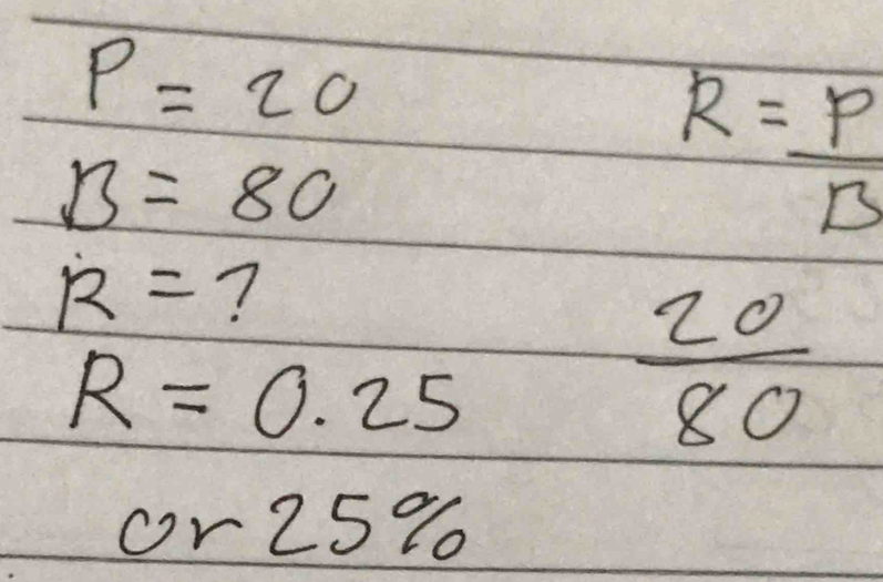 P=20
B=80
R= P/B 
R= ?
R=0.25
 20/80 
or25%