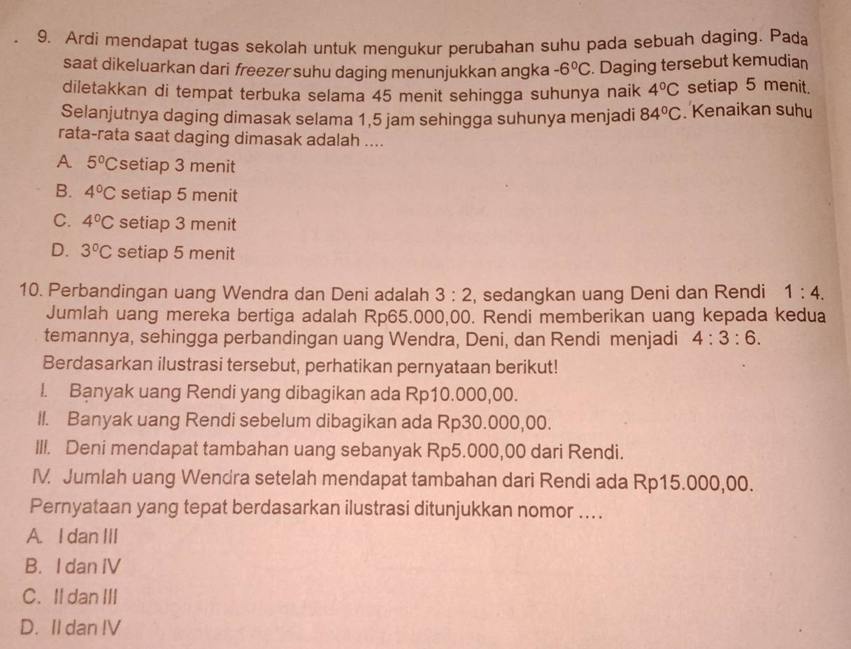 Ardi mendapat tugas sekolah untuk mengukur perubahan suhu pada sebuah daging. Pada
saat dikeluarkan dari freezer suhu daging menunjukkan angka -6°C. Daging tersebut kemudian
diletakkan di tempat terbuka selama 45 menit sehingga suhunya naik 4°C setiap 5 menit.
Selanjutnya daging dimasak selama 1,5 jam sehingga suhunya menjadi 84°C. Kenaikan suhu
rata-rata saat daging dimasak adalah ....
A 5°C setiap 3 menit
B. 4°C setiap 5 menit
C. 4°C setiap 3 menit
D. 3°C setiap 5 menit
10. Perbandingan uang Wendra dan Deni adalah 3:2 , sedangkan uang Deni dan Rendi 1:4.
Jumlah uang mereka bertiga adalah Rp65.000,00. Rendi memberikan uang kepada kedua
temannya, sehingga perbandingan uang Wendra, Deni, dan Rendi menjadi 4:3:6.
Berdasarkan ilustrasi tersebut, perhatikan pernyataan berikut!
!. Bạnyak uang Rendi yang dibagikan ada Rp10.000,00.
II. Banyak uang Rendi sebelum dibagikan ada Rp30.000,00.
III. Deni mendapat tambahan uang sebanyak Rp5.000,00 dari Rendi.
IV. Jumlah uang Wendra setelah mendapat tambahan dari Rendi ada Rp15.000,00.
Pernyataan yang tepat berdasarkan ilustrasi ditunjukkan nomor ....
A. I dan III
B. I dan IV
C. Il dan III
D. II dan IV