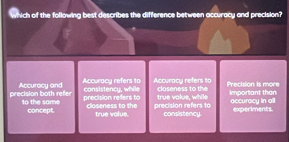 Which of the following best describes the difference between accuracy and precision?
Accuracy and Accuracy refers to Accuracy refers to Precision is more
precision both refer consistency, while closeness to the important than
to the same precision refers to true value, while accuracy in all
concept. closeness to the precision refers to experiments.
true value. consistency.