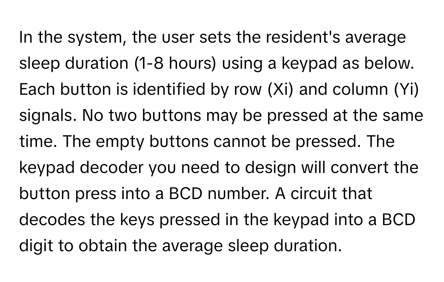 In the system, the user sets the resident's average sleep duration (1-8 hours) using a keypad as below. Each button is identified by row (Xi) and column (Yi) signals. No two buttons may be pressed at the same time. The empty buttons cannot be pressed. The keypad decoder you need to design will convert the button press into a BCD number. A circuit that decodes the keys pressed in the keypad into a BCD digit to obtain the average sleep duration.