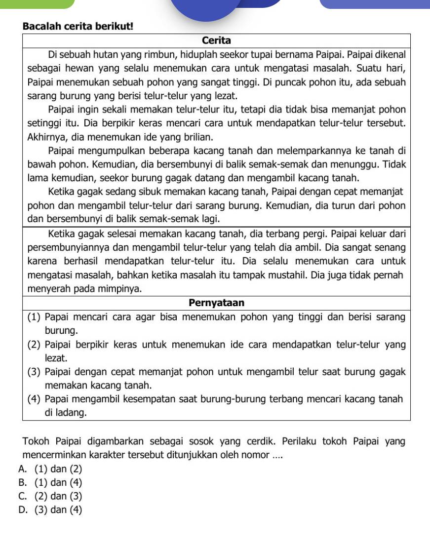 Tokoh Paipai digambarkan sebagai sosok yang cerdik. Perilaku tokoh Paipai yang
mencerminkan karakter tersebut ditunjukkan oleh nomor ....
A. (1) dan (2)
B. (1) dan (4)
C. (2) dan (3)
D. (3) dan (4)