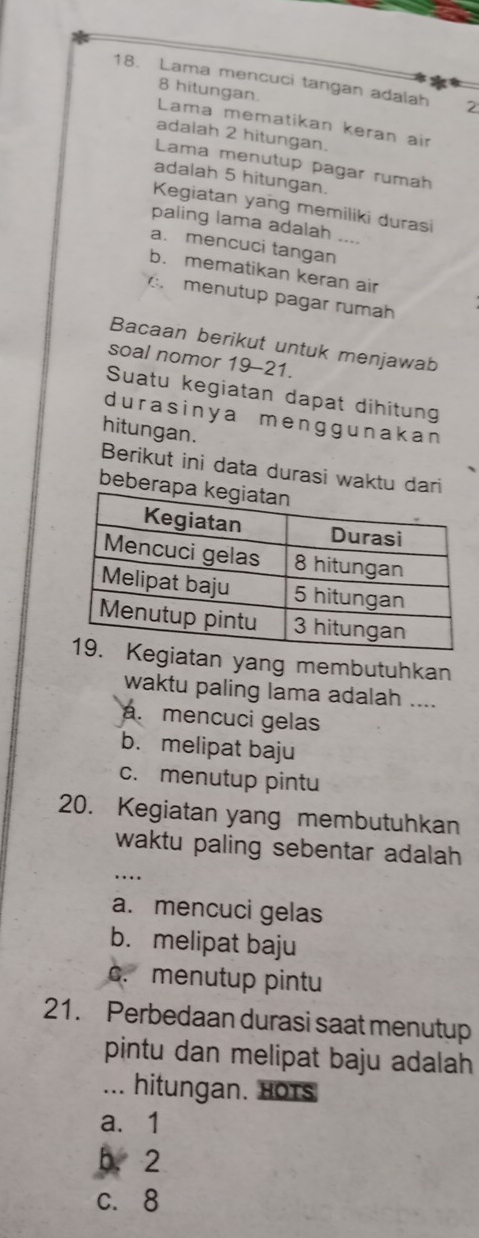 Lama mencuci tangan adalah 2
8 hitungan. Lama mematikan keran air
adalah 2 hitungan.
Lama menutup pagar rumah
adalah 5 hitungan.
Kegiatan yang memiliki durasi
paling lama adalah ....
a. mencuci tangan
b. mematikan keran air
menutup pagar rumah
Bacaan berikut untuk menjawab
soal nomor 19-21.
Suatu kegiatan dapat dihitung
durasinya menggunakan 
hitungan.
Berikut ini data durasi waktu dari
bebera
an yang membutuhkan
waktu paling lama adalah ....
a. mencuci gelas
b. melipat baju
c. menutup pintu
20. Kegiatan yang membutuhkan
waktu paling sebentar adalah 
_…
a. mencuci gelas
b. melipat baju
c. menutup pintu
21. Perbedaan durasi saat menutup
pintu dan melipat baju adalah
... hitungan. HOTS
a. 1
b. 2
c. 8