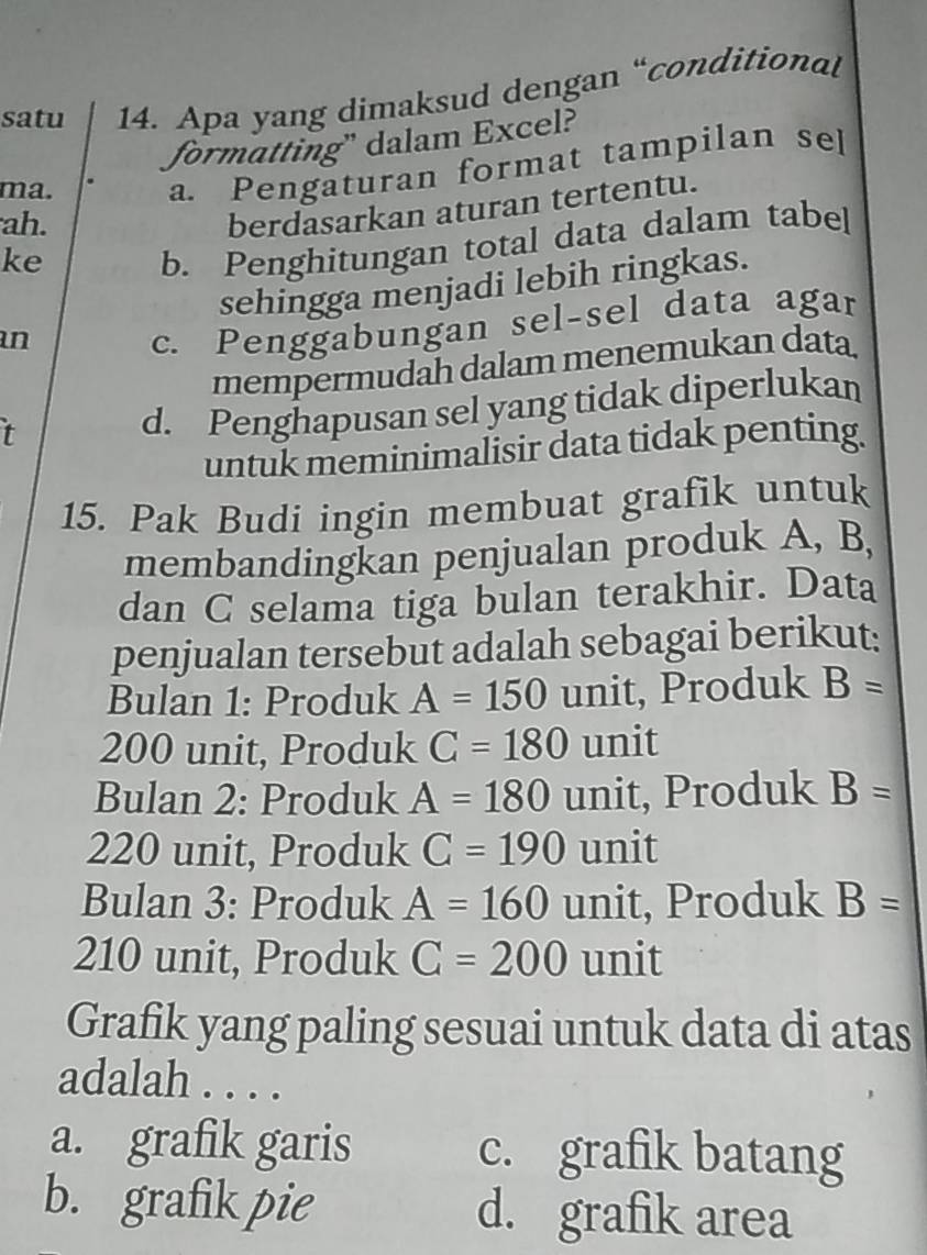 satu 14. Apa yang dimaksud dengan “conditional
formatting" dalam Excel?
ma. a. Pengaturan format tampilan sel
ah.
berdasarkan aturan tertentu.
ke
b. Penghitungan total data dalam tabel
sehingga menjadi lebih ringkas.
an
c. Penggabungan sel-sel data agar
mempermudah dalam menemukan data.
t
d. Penghapusan sel yang tidak diperlukan
untuk meminimalisir data tidak penting.
15. Pak Budi ingin membuat grafik untuk
membandingkan penjualan produk A, B,
dan C selama tiga bulan terakhir. Data
penjualan tersebut adalah sebagai berikut:
Bulan 1: Produk A=150 unit, Produk B=
200 unit, Produk C=180 unit
Bulan 2: Produk A=180 unit, Produk B=
220 unit, Produk C=190 unit
Bulan 3: Produk A=160 unit, Produk B=
210 unit, Produk C=200 unit
Grafik yang paling sesuai untuk data di atas
adalah . . . .
a. grafik garis c. grafik batang
b. grafik pie d. grafik area