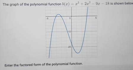 The graph of the polynomial function b(x)=x^3+2x^2-9x-18 is shown below 
Enter the factored form of the polynomial function.