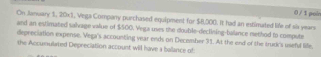 0 / 1 poin 
On January 1, 20x1, Vega Company purchased equipment for $8,000. It had an estimated life of six years
and an estimated salvage value of $500. Vega uses the double-declining-balance method to compute 
depreciation expense. Vega's accounting year ends on December 31. At the end of the truck's useful life, 
the Accumulated Depreciation account will have a balance of: