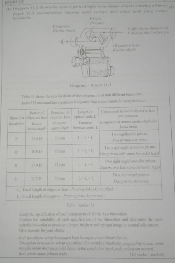 KEDAF 18
(b) Diagram 11.2 shows the optical path of light from distant objects entering a binocu (d)
Rajah 11.2 menunjukkn lintasan optik cchaya dari objek jauh yang memas
Birokular
m distant ob
arí objek ju
Diagram / Rajah 11.2
Table 11 shows the specifications of the components of four different binoculars.
ual Y menunjukkan spesifikasi komponen bagi eṃpat binokular yang berbeza.
Table : Jadual 11
Study the specification of each component of all the four binoculars.
Explain the suitability of each specification of the binoculars and determine the most
suitable binocular to produce a larger, brighter and upright image at normal adjustment.
Give reasons for your choice.
Kaji spesifikasi setiap komponen bagi keempat-empat binokular itu.
Terangkan kesesuaian setiup spesífikasi dan tentukan binokular yang paling seswai untuk
menghasilkan imej yang lehih besar, lebih cerah dan tegak pada pelarasan normal.
Beri sebab untuk piljhan anda. [10 morks/markah]