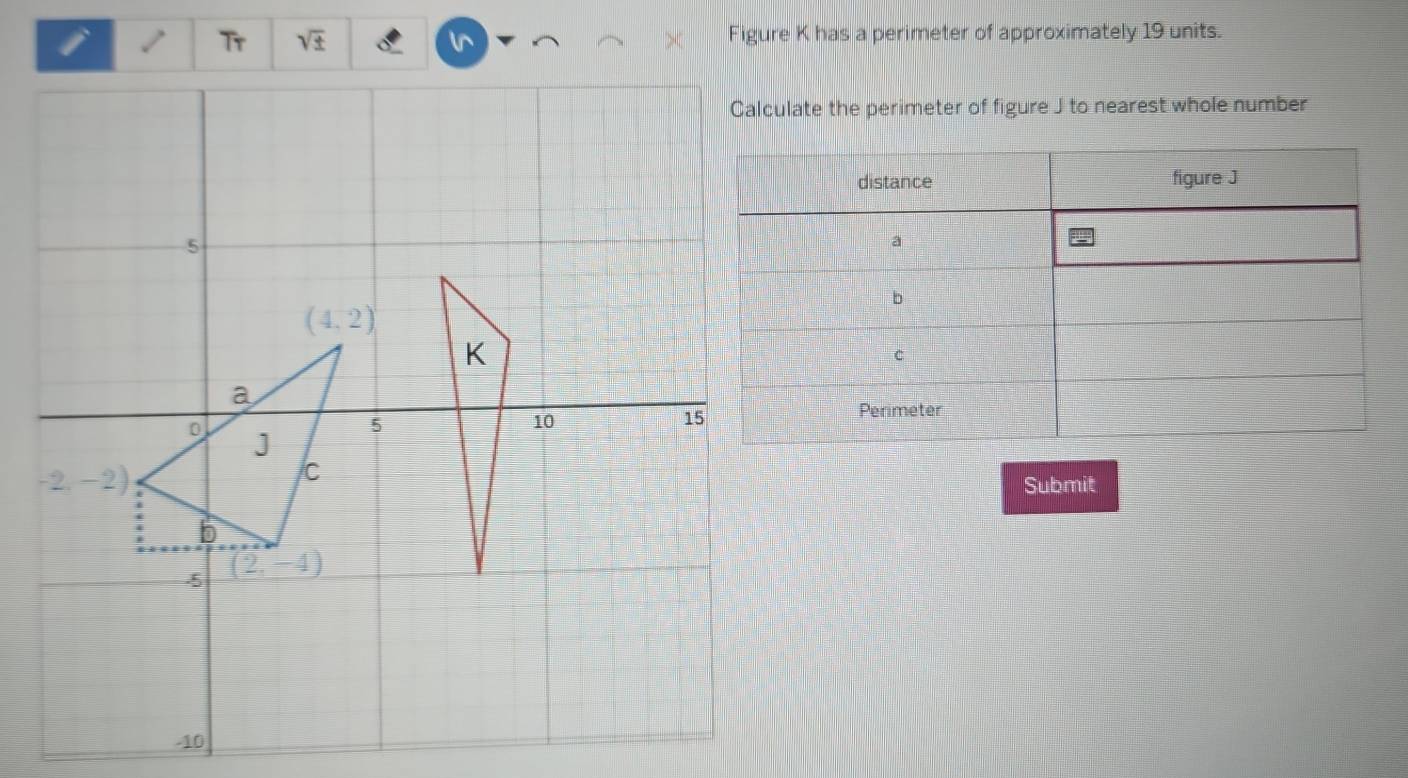 sqrt(± ) Figure K has a perimeter of approximately 19 units.
Calculate the perimeter of figure J to nearest whole number
Submit