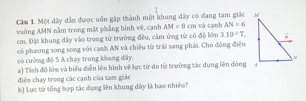 Một dây dẫn được uốn gập thành một khung dây có dạng tam giác 
vuông AMN nằm trong mặt phẳng hình vẽ, cạnh AM=8cm và cạnh AN=6
cm. Đặt khung dây vào trong từ trường đều, cảm ứng từ có độ lớn 3.10^(-3)T,
có phương song song với cạnh AN và chiều từ trái sang phải. Cho dòng điện
có cường độ 5 A chạy trong khung dây.
a) Tính độ lớn và biểu diễn lên hình vẽ lực từ do từ trường tác dụng lên dòng 
điện chạy trong các cạnh của tam giác
b) Lực từ tổng hợp tác dụng lên khung dây là bao nhiêu?