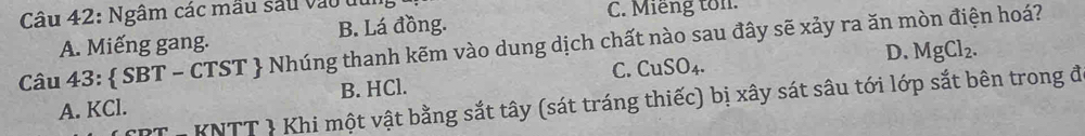 Ngâm các mẫu sau vào dun C. Miếng tổn
A. Miếng gang. B. Lá đồng.
Câu 43:  SBT - CTST  Nhúng thanh kẽm vào dung dịch chất nào sau đây sẽ xảy ra ăn mòn điện hoá?
D. MgCl_2.
A. KCl. B. HCl. C. CuS O_4
PT - KNTT 3 Khi một vật bằng sắt tây (sát tráng thiếc) bị xây sát sâu tới lớp sắt bên trong đ