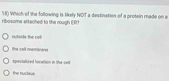 Which of the following is likely NOT a destination of a protein made on a
ribosome attached to the rough ER?
outside the cell
the cell membrane
specialized location in the cell
the nucleus