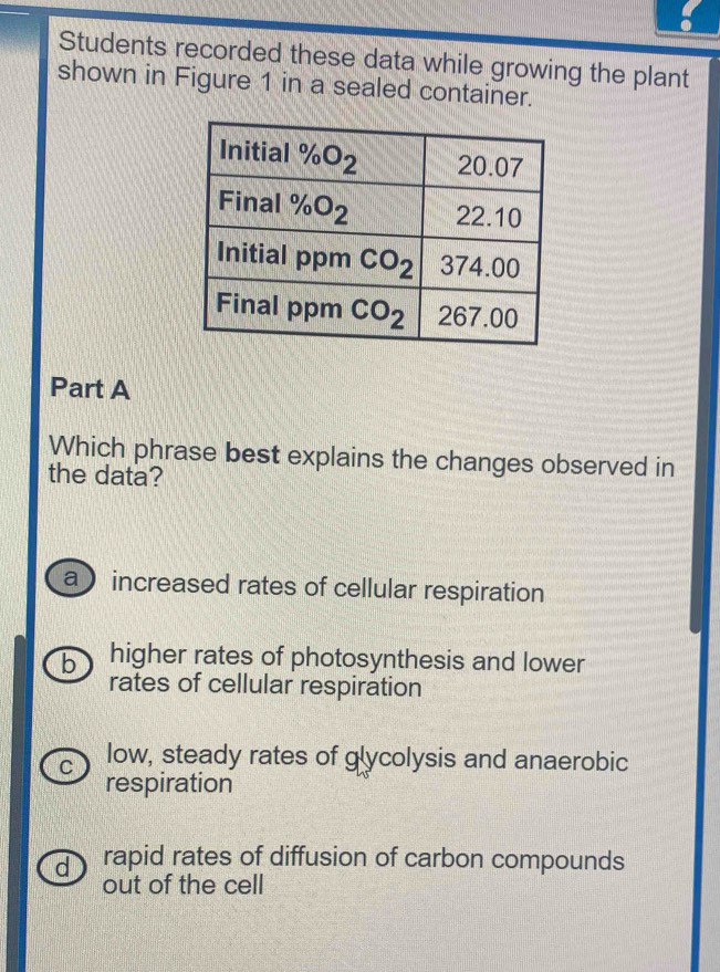 Students recorded these data while growing the plant
shown in Figure 1 in a sealed container.
Part A
Which phrase best explains the changes observed in
the data?
a   increased rates of cellular respiration
b higher rates of photosynthesis and lower
rates of cellular respiration
c Iow, steady rates of glycolysis and anaerobic
respiration
d rapid rates of diffusion of carbon compounds
out of the cell