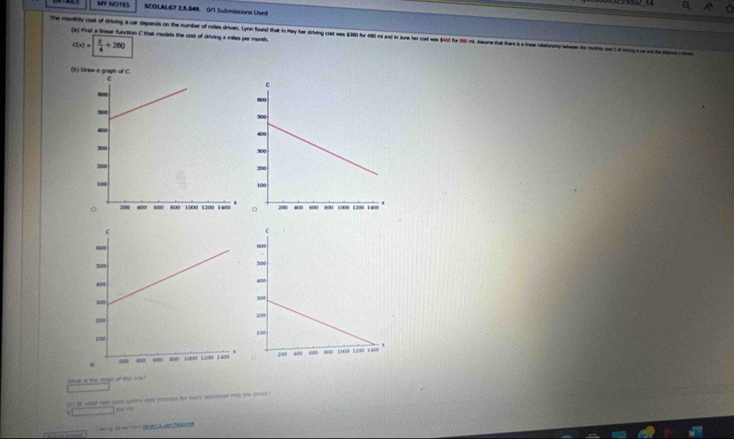 MY NOTES SCOLALG7 2.5.049. 0/1 Submissions Used 
The monthly cost of driving a car depends on the number of miles driven. Lymen found that in May her driving cost was $300 or 48 mi and in Jue her cot was $46) fo f0 m. aeme hat there i a finear ratatiornsi lete uniy os Co ing o et h e (#) Find a linear function C that modiels the cost of driving x miles per month.
c(x)= x/4 +260
(b) Draw a graph of 




Wan id thas son of thas f " 
e s a what hwe soes Letrs cst eoroose te every acotonal ie te cwo 
. sot mu