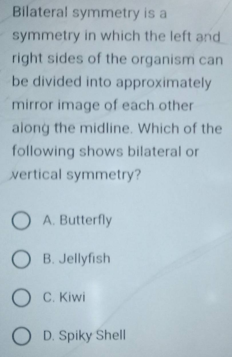 Bilateral symmetry is a
symmetry in which the left and
right sides of the organism can
be divided into approximately
mirror image of each other
along the midline. Which of the
following shows bilateral or
vertical symmetry?
A. Butterfly
B. Jellyfish
C. Kiwi
D. Spiky Shell