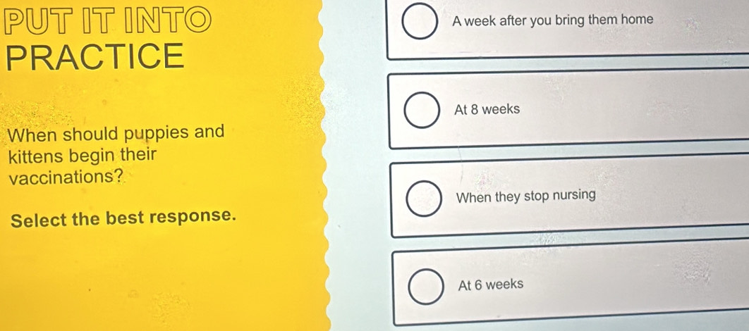 PUT IT INTO A week after you bring them home 
PRACTICE 
At 8 weeks
When should puppies and 
kittens begin their 
vaccinations? 
When they stop nursing 
Select the best response. 
At 6 weeks