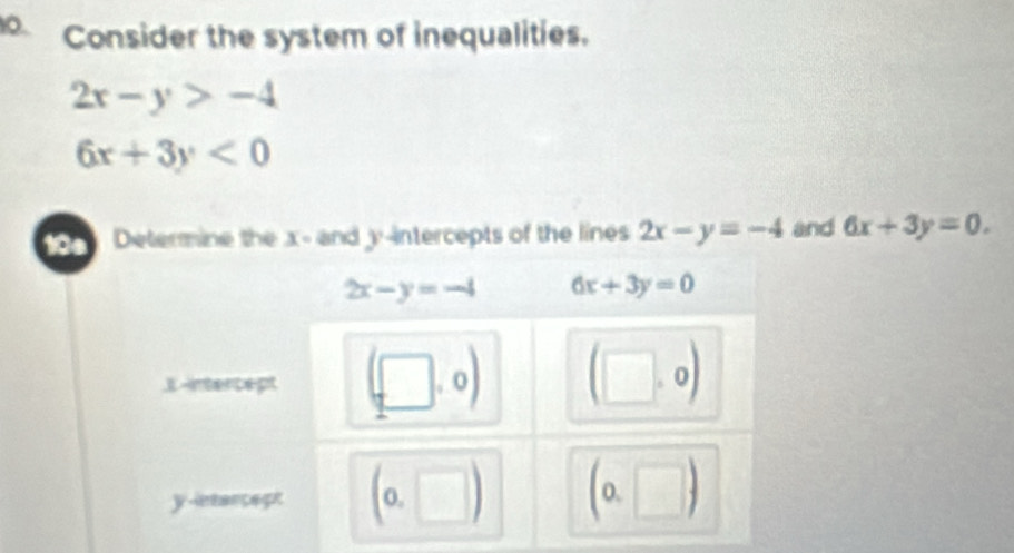 Consider the system of inequalities.
2x-y>-4
6x+3y<0</tex>
10a Determine the x- and y-intercepts of the lines 2x-y=-4 and 6x+3y=0.