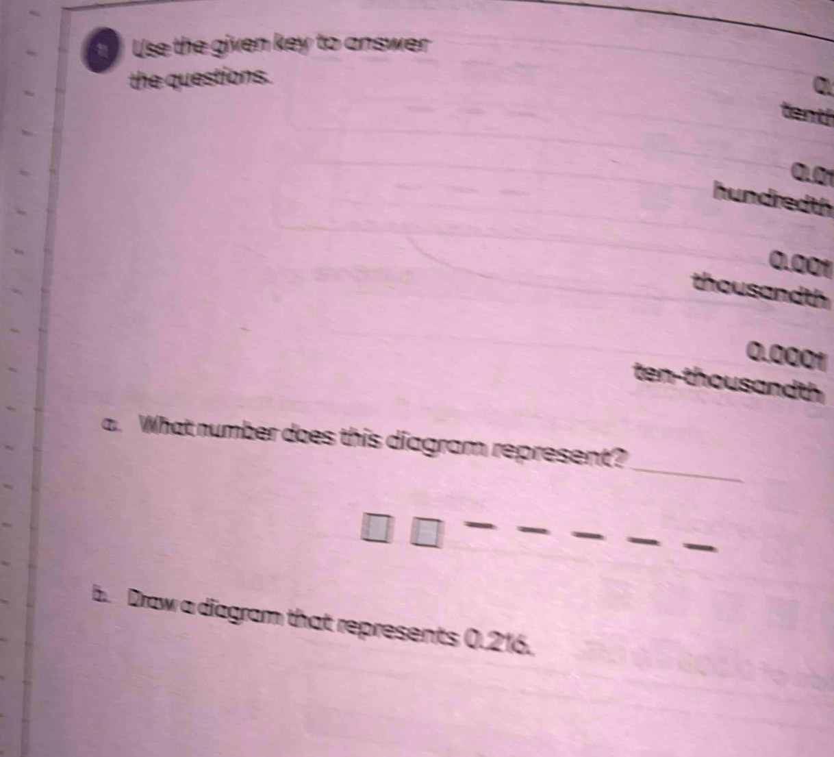 Use the given key to answer 
the questions.
0.0
hundredth
0.001
thousandth
0.0001
ten-thousandth 
_ 
a. What number does this diagram represent? 
b. Draw a diagram that represents 0.216.