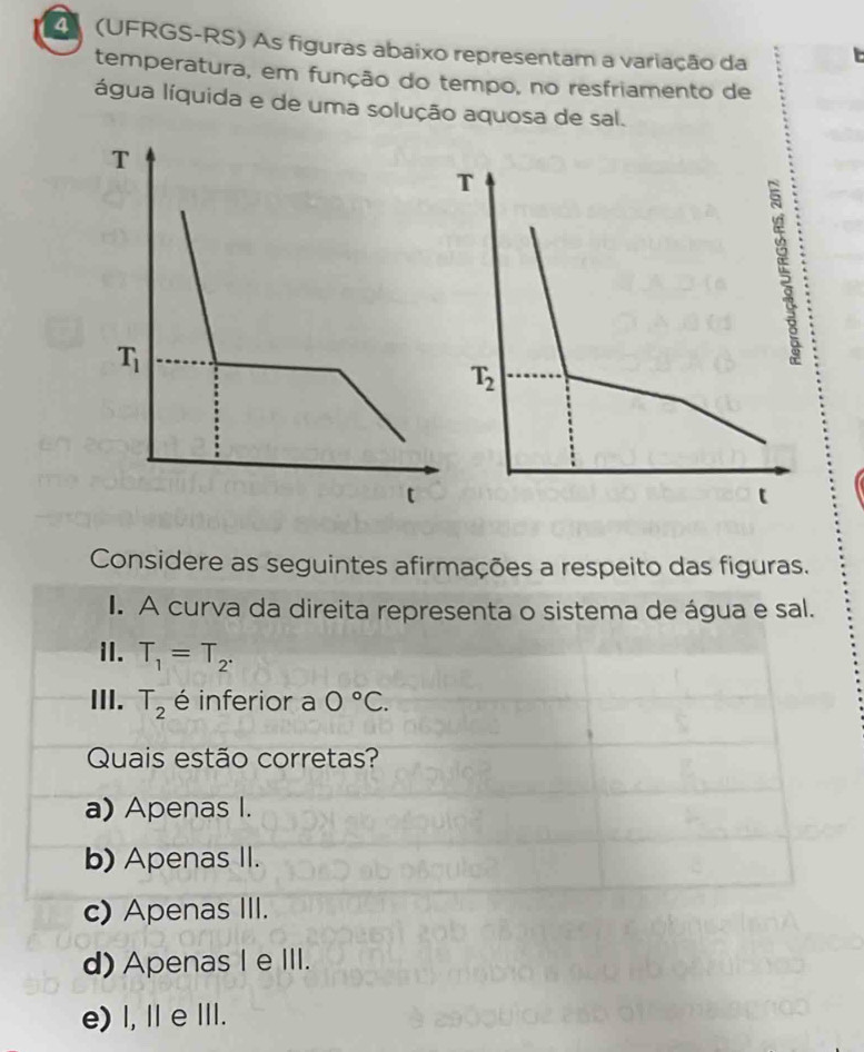 4 (UFRGS-RS) As figuras abaixo representam a variação da
temperatura, em função do tempo, no resfriamento de
água líquida e de uma solução aquosa de sal.
Considere as seguintes afirmações a respeito das figuras.
I. A curva da direita representa o sistema de água e sal.
iI. T_1=T_2.
III. T_2 é inferior a 0°C.
Quais estão corretas?
a) Apenas I.
b) Apenas II.
c) Apenas III.
d) Apenas I e III.
e) l, Ⅱ eⅢI.