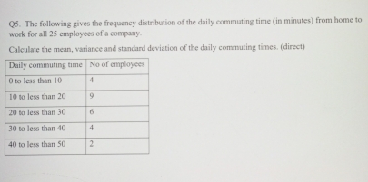 The following gives the frequency distribution of the daily commuting time (in minutes) from home to 
work for all 25 employees of a company. 
Calculate the mean, variance and standard deviation of the daily commuting times. (direct)