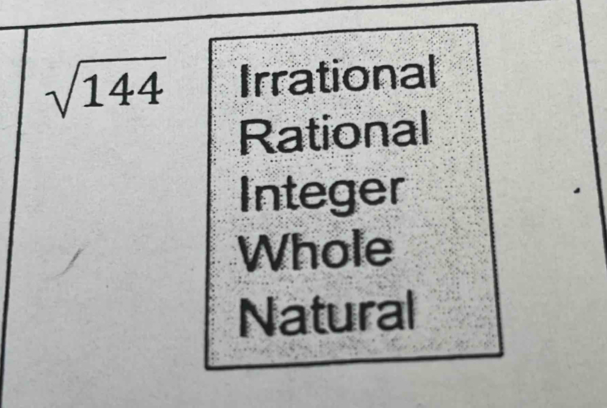 sqrt(144) Irrational
Rational
Integer
Whole
Natural