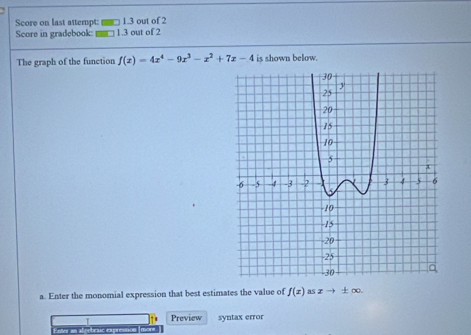 Score on last attempt: 1.3 out of 2
Score in gradebook 1.3 out of 2
The graph of the function f(x)=4x^4-9x^3-x^2+7x-4 is shown below.
a. Enter the monomial expression that best estimates the value of f(x) as xto ± ∈fty. 
7 Preview syntax error
Enter an algebraic expression [more