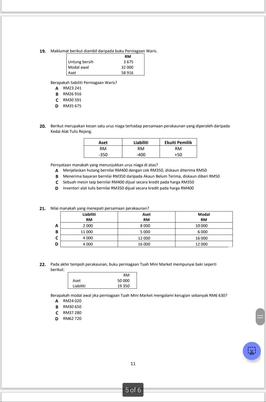 Maklumat berikut diambil daripada buku Perniagaan Waris.
Berapakah liabiliti Perniagaan Waris?
A RM23 241
B RM26 916
C RM30 591
D RM35 675
20. Berikut merupakan kesan satu urus niaga terhadap persamaan perakaunan yang diperoleh daripada
Kedai Alat Tulis Rejang.
Pernyataan manakah yang menunjukkan urus niaga di atas?
A Menjelaskan hutang bernilai RM400 dengan cek RM350, diskaun diterima RM50
B Menerima bayaran bernilai RM350 daripada Akaun Belum Terima, diskaun diberi RM50
C Sebuah mesin taip bernilai RM400 dijual secara kredit pada harga RM350
D Inventori alat tulis bernilai RM350 dijual secara kredit pada harga RM400
2
22. Pada akhir tempoh perakaunan, buku perniagaan Tuah Mini Market mempunyai baki seperti
berikut:
RM
Aset 50 000
Liabiliti 19 350
Berapakah modal awal jika perniagaan Tuah Mini Market mengalami kerugian sebanyak RM6 630?
A RM24 020
B RM30 650
C RM37 280
D RM62 720
11
5 of 6