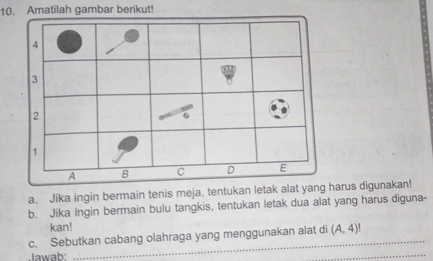 Amatilah gambar berikut!
4
3 
2 
。 
1
A B C D E
a. Jika ingin bermain tenis meja, tentukan letak alat yang harus digunakan! 
b. Jika ingin bermain bulu tangkis, tentukan letak dua alat yang harus diguna- 
kan! 
_ 
c. Sebutkan cabang olahraga yang menggunakan alat di (A,4)!
Jawab: 
_