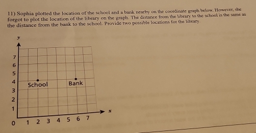 Sophia plotted the location of the school and a bank nearby on the coordinate graph below. However, she 
forgot to plot the location of the library on the graph. The distance from the library to the school is the same as 
the distance from the bank to the school. Provide two possible locations for the library.