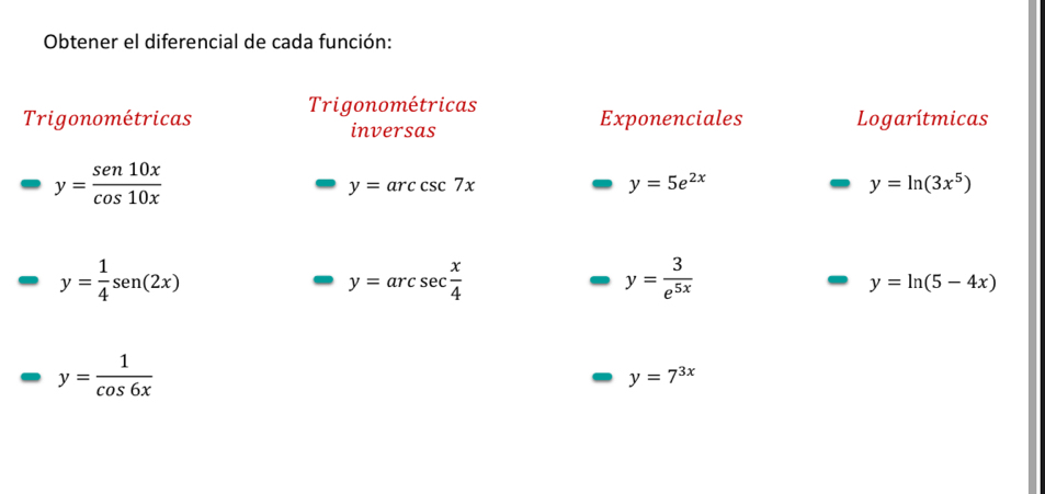 Obtener el diferencial de cada función: 
Trigonométricas 
Trigonométricas inversas Exponenciales Logarítmicas
y= sen 10x/cos 10x 
y=arccsc 7x
y=5e^(2x)
y=ln (3x^5)
y= 1/4 sen (2x)
y=arcsec  x/4 
y= 3/e^(5x) 
y=ln (5-4x)
y= 1/cos 6x 
y=7^(3x)