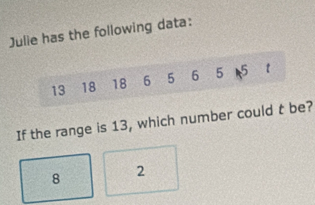 Julie has the following data:
13 18 18 6 5 6 5 15
If the range is 13, which number could t be?
8
2