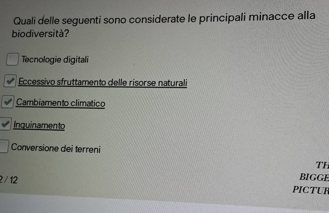 Quali delle seguenti sono considerate le principali minacce alla
biodiversità?
Tecnologie digitali
Eccessivo sfruttamento delle risorse naturali
Cambiamento climatico
Inquinamento
Conversione dei terreni
TH
2 / 12
BIGGE
PICTUR