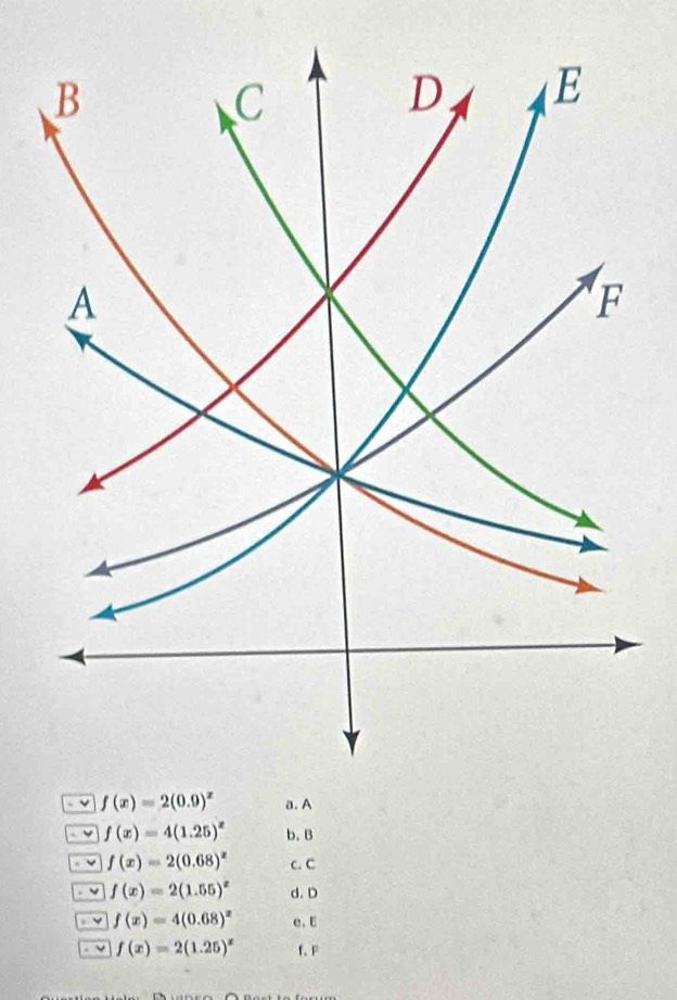 f(x)=4(1.25)^x b. B
f(x)=2(0.68)^x c. C
. √ f(x)=2(1.55)^x d. D
f(x)=4(0.68)^x e.E
ν f(x)=2(1.25)^x f.F