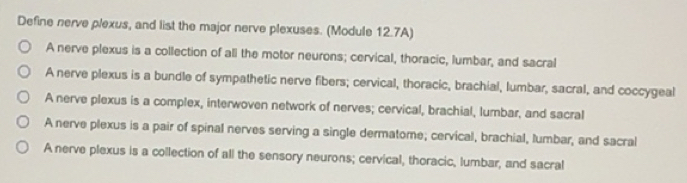 Solved: Define nerve plexus, and list the major nerve plexuses. (Module ...