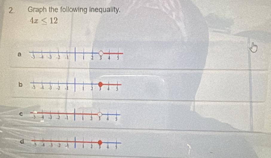 Graph the following Inequality.
4x≤ 12
a 
b 
d