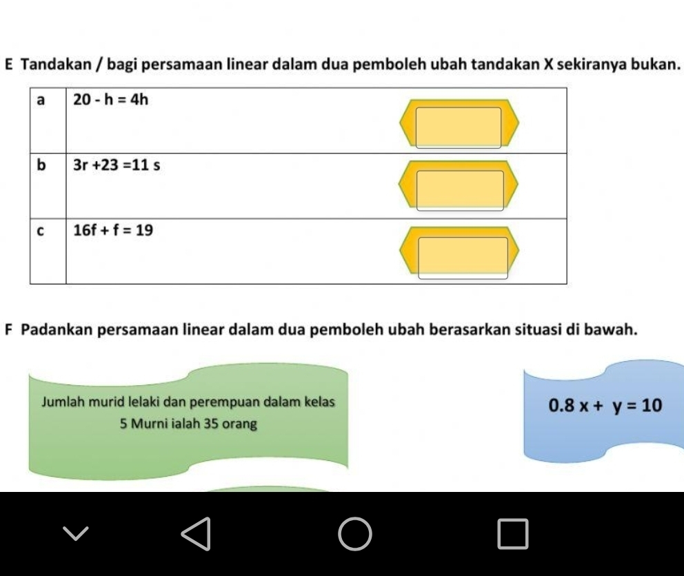 Tandakan / bagi persamaan linear dalam dua pemboleh ubah tandakan X sekiranya bukan.
F Padankan persamaan linear dalam dua pemboleh ubah berasarkan situasi di bawah.
Jumlah murid lelaki dan perempuan dalam kelas
0.8x+y=10
5 Murni ialah 35 orang