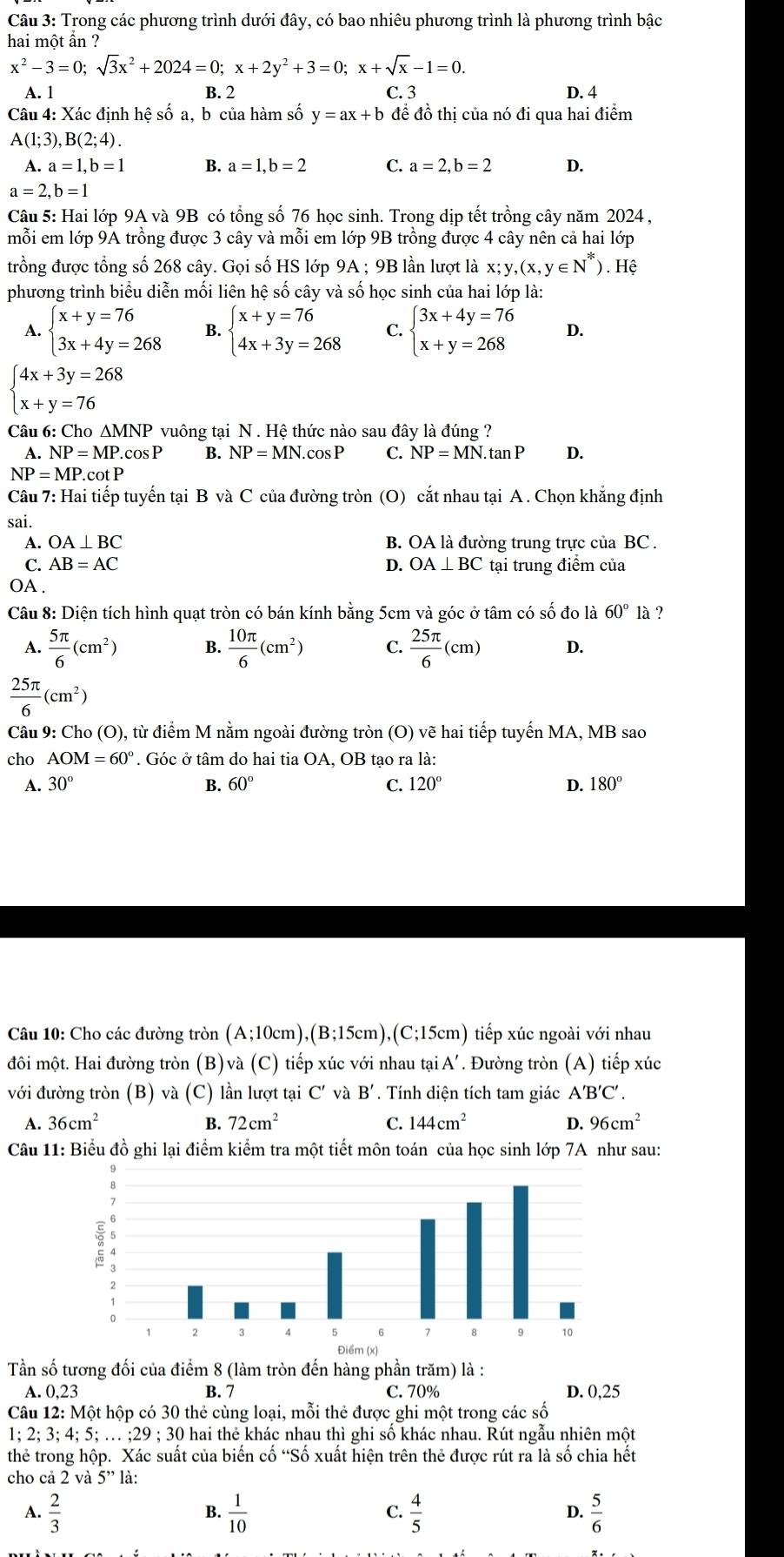 Trong các phương trình dưới đây, có bao nhiêu phương trình là phương trình bậc
hai một ẩn ?
x^2-3=0;sqrt(3)x^2+2024=0;x+2y^2+3=0;x+sqrt(x)-1=0.
A. 1 B. 2 C. 3 D. 4
Câu 4: Xác định hệ số a, b của hàm số y=ax+b để đồ thị của nó đi qua hai điểm
A(1;3),B(2;4).
A. a=1,b=1 B. a=1,b=2 C. a=2,b=2 D.
a=2,b=1
Câu 5: Hai lớp 9A và 9B có tổng số 76 học sinh. Trong dịp tết trồng cây năm 2024 ,
mỗi em lớp 9A trồng được 3 cây và mỗi em lớp 9B trồng được 4 cây nên cả hai lớp
trồng được tổng số 268 cây. Gọi số HS lớp 9A ; 9B lần lượt là x;y,(x,y∈ N^*). Hệ
phương trình biểu diễn mối liên hệ số cây và số học sinh của hai lớp là:
A. beginarrayl x+y=76 3x+4y=268endarray. B. beginarrayl x+y=76 4x+3y=268endarray. C. beginarrayl 3x+4y=76 x+y=268endarray. D.
beginarrayl 4x+3y=268 x+y=76endarray.
Câu 6: Cho △ MNP vuông tại N . Hệ thức nào sau đây là đúng ?
A. NP=MP.cos P B. NP=MN.cos P C. NP=MN.tan P D.
NP=MP otP
Câu 7: Hai tiếp tuyến tại B và C của đường tròn (O) cắt nhau tại A . Chọn khẳng định
sai.
A. OA⊥ BC B. OA là đường trung trực của BC.
C. AB=AC D. OA ⊥ BC tại trung điểm của
OA .
Câu 8: Diện tích hình quạt tròn có bán kính bằng 5cm và góc ở tâm có số đo là 60° là ?
A.  5π /6 (cm^2) B.  10π /6 (cm^2) C.  25π /6 (cm) D.
 25π /6 (cm^2)
Câu 9: Cho (O), từ điểm M nằm ngoài đường tròn (O) vẽ hai tiếp tuyến MA, MB sao
cho AOM=60° *. Góc ở tâm do hai tia OA, OB tạo ra là:
A. 30° B. 60° C. 120° D. 180°
Câu 10: Cho các đường tròn (A;10cm),(B;15cm),(C;15cm) tiếp xúc ngoài với nhau
đôi một. Hai đường tròn (B)và (C) tiếp xúc với nhau tại A'. Đường tròn (A) tiếp xúc
với đường tròn (B) và (C) lần lượt tại C' và B'. Tính diện tích tam giác A'BC' .
A. 36cm^2 B. 72cm^2 C. 144cm^2 D. 96cm^2
Câu 11: Biểu đồ ghi lại điểm kiểm tra một tiết môn toán của học sinh lớp 7A như sau:
Tần số tương đối của điểm 8 (làm tròn đến hàng phần trăm) là :
A. 0,23 B. 7 C. 70% D. 0,25
Câu 12: Một hộp có 30 thẻ cùng loại, mỗi thẻ được ghi một trong các số
1; 2 3: 4; 5; . ;29 ; 30 hai thẻ khác nhau thì ghi số khác nhau. Rút ngẫu nhiên một
thẻ trong hộp. Xác suất của biến cố “Số xuất hiện trên thẻ được rút ra là số chia hết
cho cả 2 và 5''1 à:
A.  2/3   1/10   4/5   5/6 
B.
C.
D.