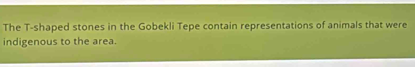 The T-shaped stones in the Gobekli Tepe contain representations of animals that were 
indigenous to the area.