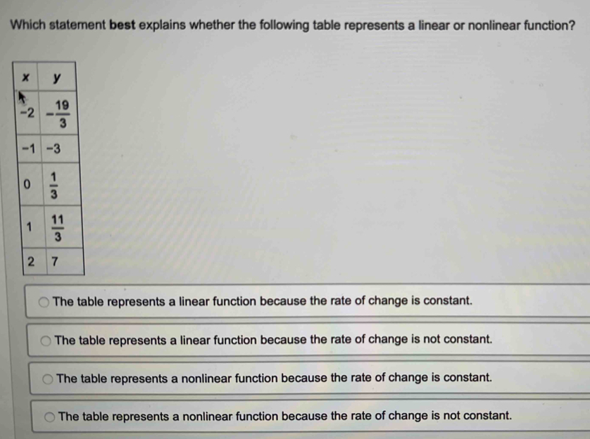 Which statement best explains whether the following table represents a linear or nonlinear function?
The table represents a linear function because the rate of change is constant.
The table represents a linear function because the rate of change is not constant.
The table represents a nonlinear function because the rate of change is constant.
The table represents a nonlinear function because the rate of change is not constant.