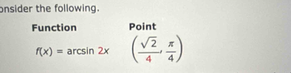 onsider the following. 
Function Point
f(x)= arcsin 2x ( sqrt(2)/4 , π /4 )