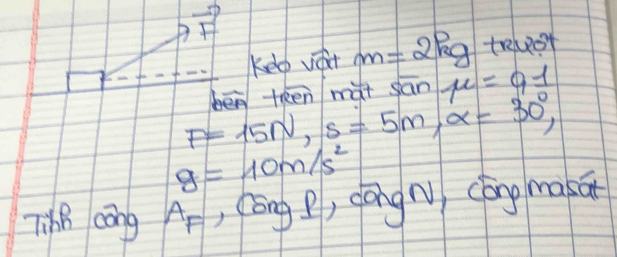 vector F
kelep voit m=2kg treeet 
beà teen/nat sān mu =0.1
F=15N, s=5m, alpha =30°,
g=10m/s^2
TihB cōng A_F, C_S , dōngNì cóng makān