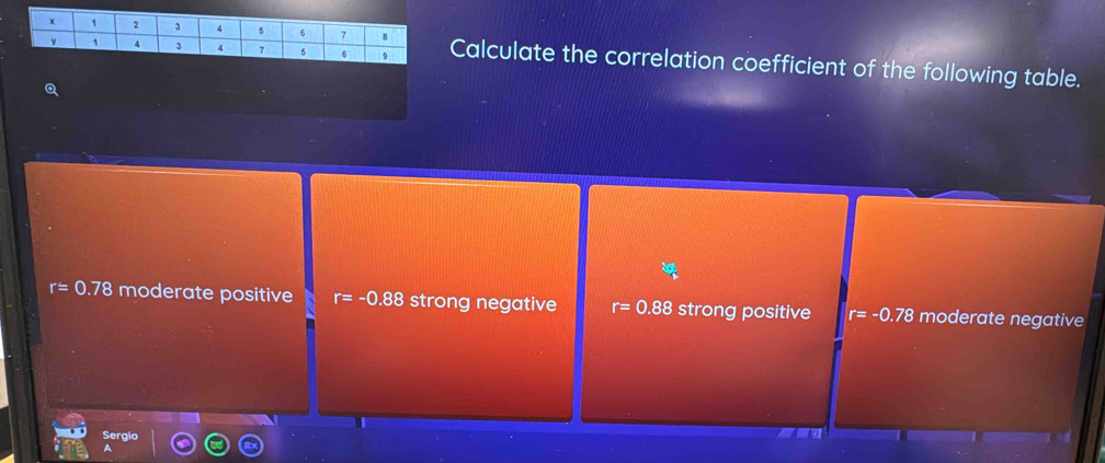 Calculate the correlation coefficient of the following table.
Q
r=0.78 moderate positive r=-0.88 strong negative r=0.88 strong positive r=-0.78 moderate negative