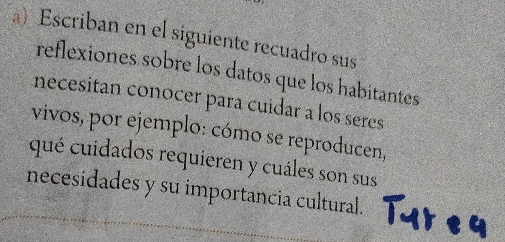 Escriban en el siguiente recuadro sus 
reflexiones sobre los datos que los habitantes 
necesitan conocer para cuidar a los seres 
vivos, por ejemplo: cómo se reproducen, 
qué cuidados requieren y cuáles son sus 
necesidades y su importancia cultural. Tyrey