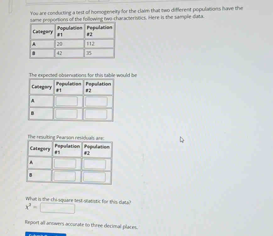 You are conducting a test of homogeneity for the claim that two different populations have the 
portions of the following two characteristics. Here is the sample data. 
ould be 
What is the chi-square test-statistic for this data?
x^2=
Report all answers accurate to three decimal places.