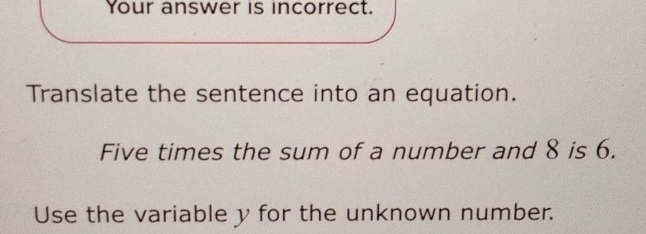 Your answer is incorrect. 
Translate the sentence into an equation. 
Five times the sum of a number and 8 is 6. 
Use the variable y for the unknown number.