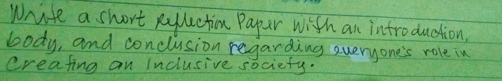 Wite a short pquection Paper with an introduction. 
body, and conclusion regarding eueryone's role in 
creating an inclusive sociefy.