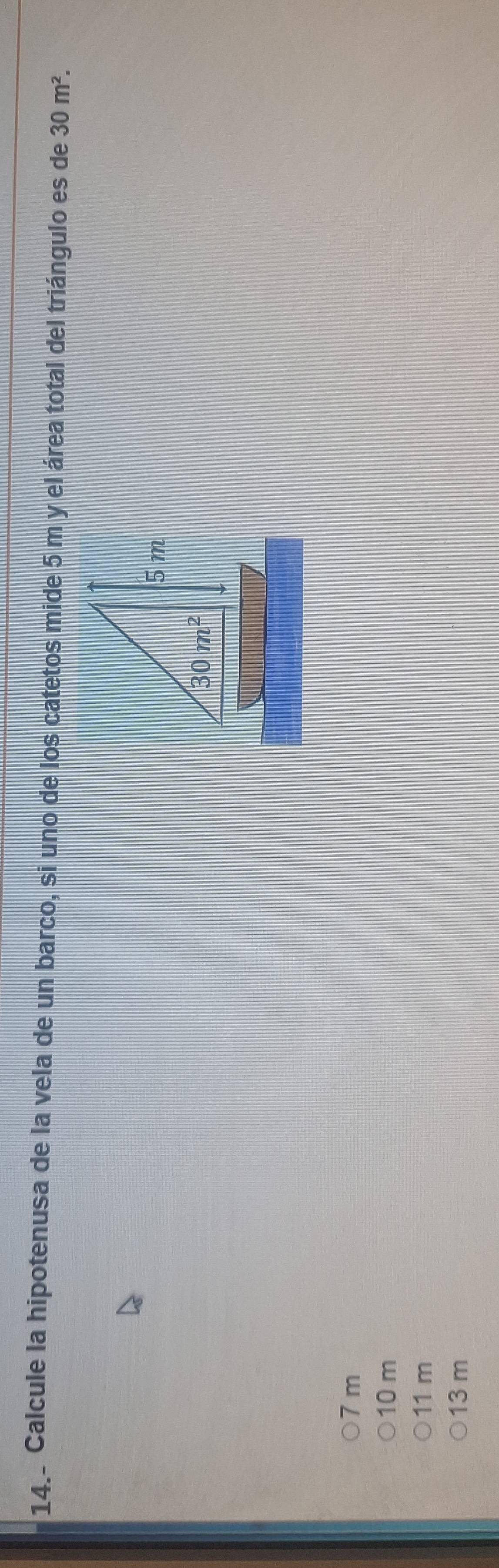 Calcule la hipotenusa de la vela de un barco, si uno de los catetos mide 5 m y el área total del triángulo es de 30m^2.
7 m
10 m
11 m
13 m