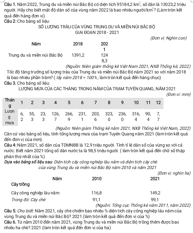 Năm 2022, Trung du và miền núi Bắc Bộ có diện tích 95184,2km^2 , số dân là 13023,2 triệu
người. Hãy cho biết mật độ dân số của vùng năm 2022 là bao nhiêu người/km ? (Làm tròn kết
quả đến hàng đơn vị)
Câu 2: Cho bảng số liệu:
Số LượNG TRÂU CỦA VùNG TRUNG DU VÀ MIềN NÚI BẢC Bộ
GIAI ĐOAN 2018 - 2021
(Đơn vị: Nghìn con)
Năm 2018 202
1
Trung du và miền núi Bắc Bộ 1391,2 124
8,3
(Nguồn: Niên giám thống kê Việt Nam 2021, NXB Thống kê, 2022)
Tốc độ tăng trưởng số lượng trâu của Trung du và miền núi Bắc Bộ năm 2021 so với năm 2018
là bao nhiêu phần trăm? ( lấy năm 2018=100%;  làm tròn kết quả đến hàng chục)
Câu 3. Cho bảng số liệu:
LượNG MƯA CỦA CÁC THÁNG TRONG NĂM CỦA TRẠM TUYÊN QUANG, NăM 2021
(Đơn vi: mm)
(Nguồn: Niên giám Thống kê năm 2021, NXB Thống kê Việt Nam, 2022)
Căn cứ vào bảng số liệu, tính tổng lượng mưa của trạm Tuyên Quang năm 2021 (làm tròn kết quả
đến đơn vị của mm).
Câu 4: Năm 2021, số dân của TDMNBB là 12,9 triệu người. Tính tỉ lệ dân số của vùng so với cả
nước. Biết năm 2021 tổng số dân nước ta là 98,5 triệu người. ( làm tròn kết quả đến chữ số thập
phân thứ nhất của %)
Dựa vào bảng số liệu sau: Diện tích cây công nghiệp lâu năm và diện tích cây chè
của vùng Trung du và miền núi Bắc Bộ năm 2010 và năm 2021
(Đơn vị: nghìn ha)
Năm 2010 2021
Cây trồng
Cây công nghiệp lâu năm 116,8 149,2
Trong đó: Cây chè 91,1 99,1
(Nguồn: Tổng cục Thống kê năm 2011, năm 2022)
Câu 5; Cho biết: Năm 2021, cây chè chiếm bao nhiêu % diện tích cây công nghiệp lâu năm của
vùng Trung du và miền núi Bắc Bộ? 2021 (làm tròn kết quả đến đơn vị của %)
Câu 6. Từ năm 2010 đến năm 2021, vùng Trung du và miền núi Bắc Bộ trồng thêm được bao
nhiêu ha chè? 2021 (làm tròn kết quả đến đơn vị của ha)