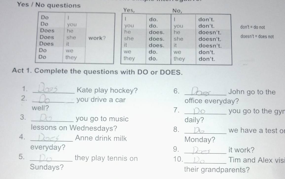 Yes / No questions
don't = do not
doesn't = does not
Act 1. Complete the questions with DO or DOES.
1. _Kate play hockey? 6. _John go to the
2. _office everyday?
you drive a car
well? 7. _you go to the gyr
3._
you go to music daily?
lessons on Wednesdays? 8. _we have a test o
4. _Anne drink milk Monday?
everyday? 9. _it work?
5.
_they play tennis on 10._ Tim and Alex vis
Sundays? their grandparents?