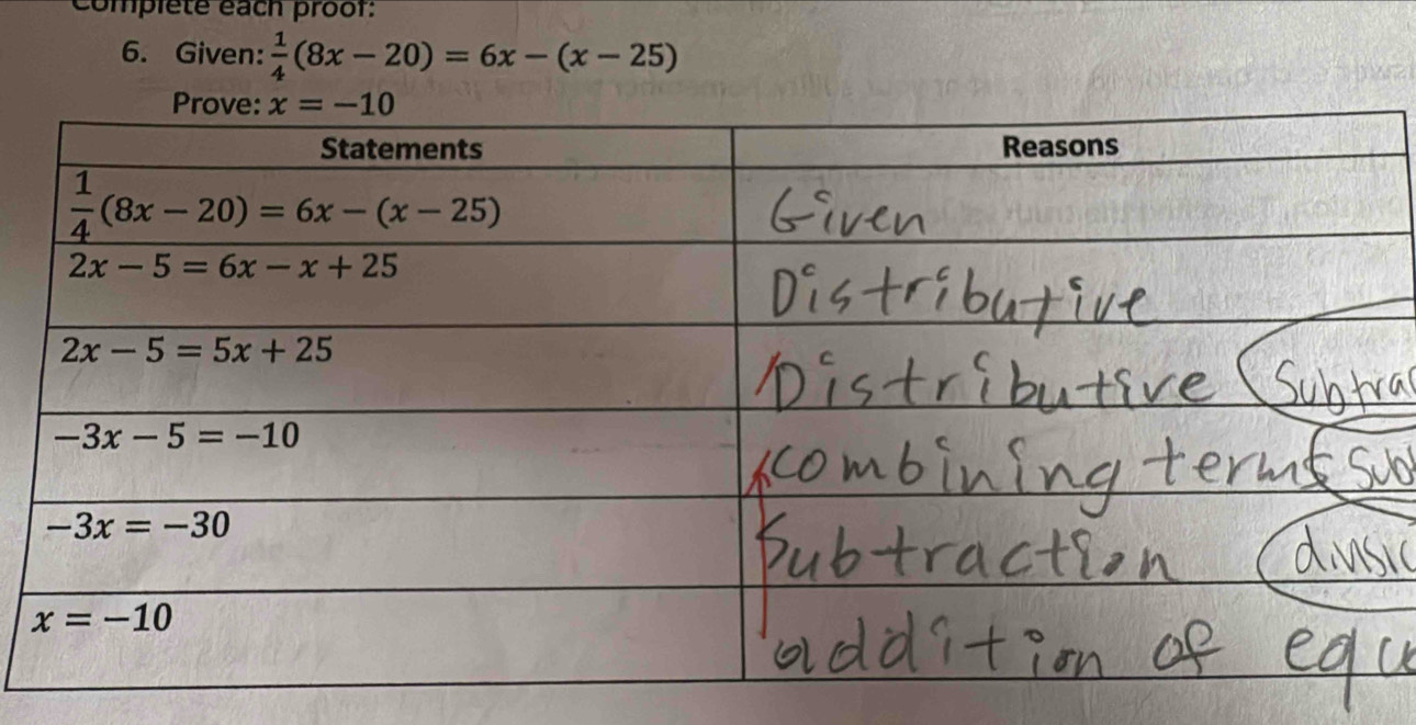 complete éach proor:
6. Given:  1/4 (8x-20)=6x-(x-25)