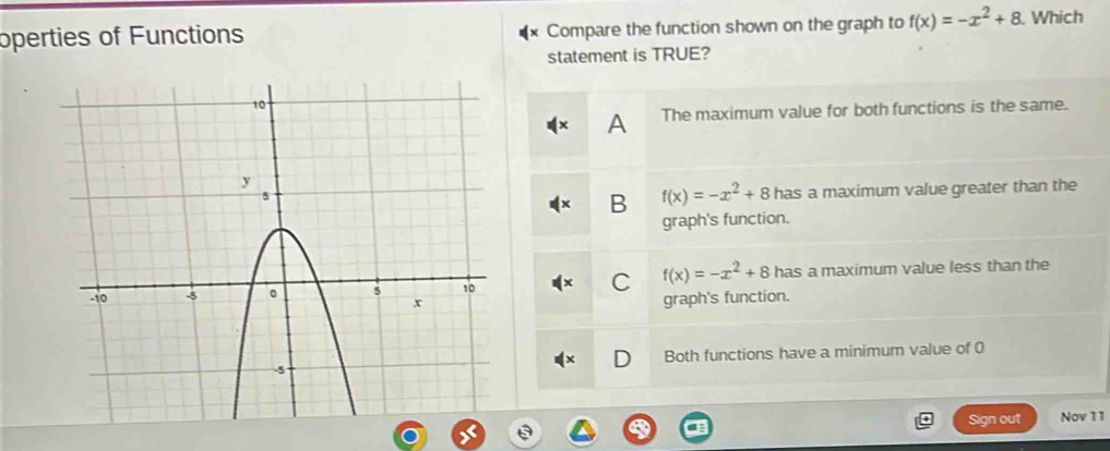 operties of Functions Compare the function shown on the graph to f(x)=-x^2+8. Which
statement is TRUE?
A The maximum value for both functions is the same.
B f(x)=-x^2+8 has a maximum value greater than the
graph's function.
C f(x)=-x^2+8 has a maximum value less than the
graph's function.
Both functions have a minimum value of 0
Sign out Nov 11